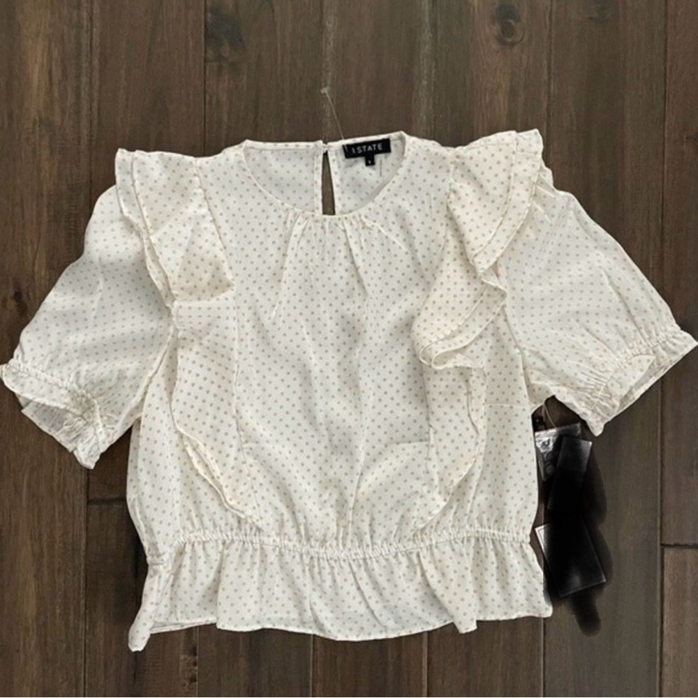 1.State Bon Voyage White & Gold Polka Dot Ruffle Blouse L